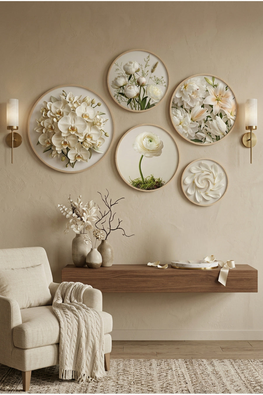 5'li Ahşap Çerçeveli Yuvarlak Tablo Seti Beyaz Çiçekli Modern Yatak Odası ve Salon Duvar Dekorasyonu