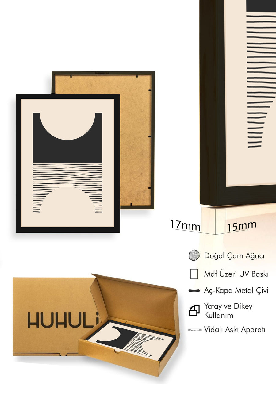 Doğal Ahşap Çerçeveli Minimal Siyah Desenli Tablo - Modern | huhu1424