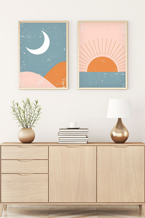 Soyut Güneş ve Ay Tablo Seti - Modern 2’li Set | huhu6
