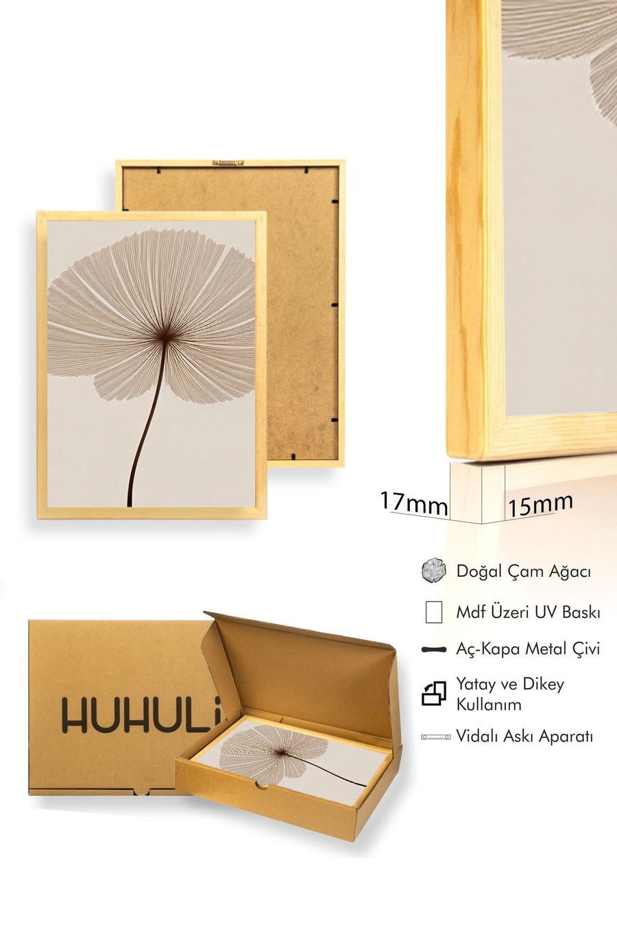 Doğal Ahşap Çerçeveli Minimal Yaprak Desenli Tablo - Pastel | huhu1321