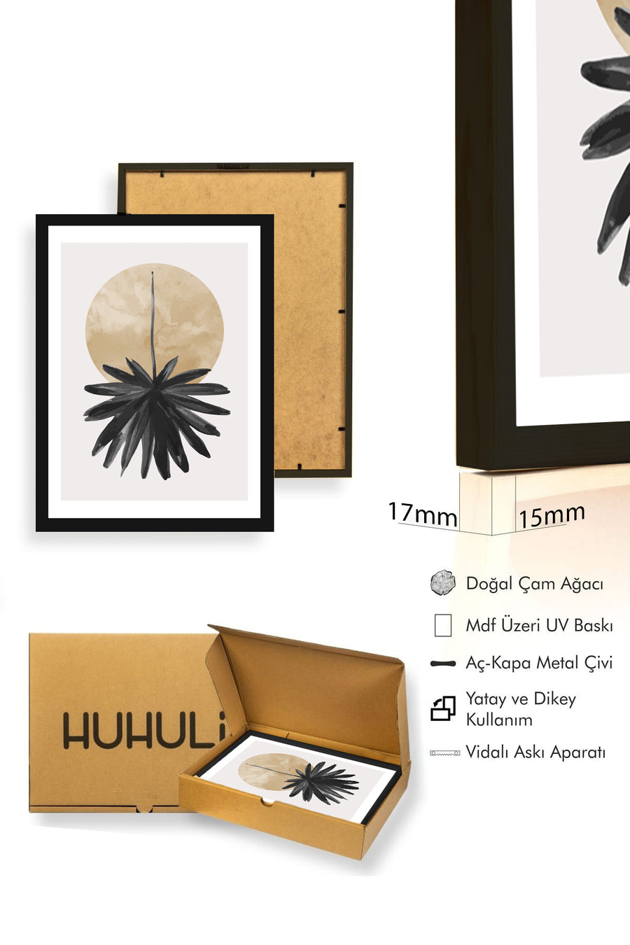 Doğal Ahşap Çerçeveli Minimal Yaprak Desenli Tablo - Pastel | huhu1027