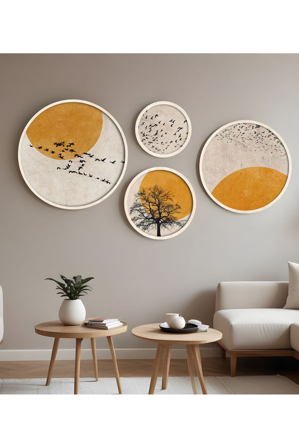 Geometrik Desenli Sarı Tablo Seti - 4'lü Yuvarlak Set| huhu412