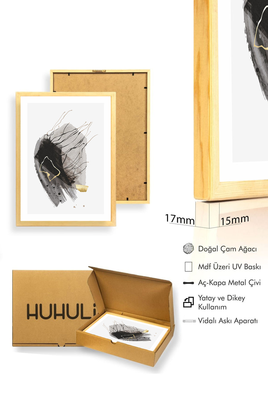 Doğal Ahşap Çerçeveli Soyut Minimalist Tablo - Pastel Tonlar | huhu1021