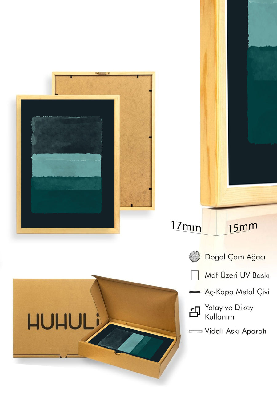 Doğal Ahşap Çerçeveli Soyut Geometrik Desenli Tablo - Canlı Tonlar | huhu1446