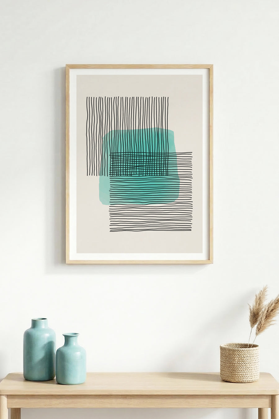 Doğal Ahşap Çerçeveli Minimal Desenli Tablo - Soyut | huhu1556