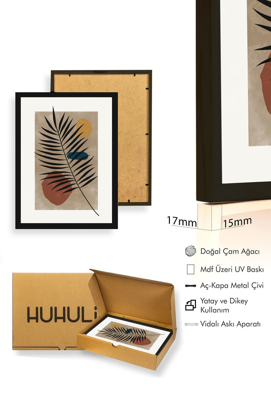 Doğal Ahşap Çerçeveli Minimal Yaprak Desenli Tablo - Pastel Tonlar | huhu1328