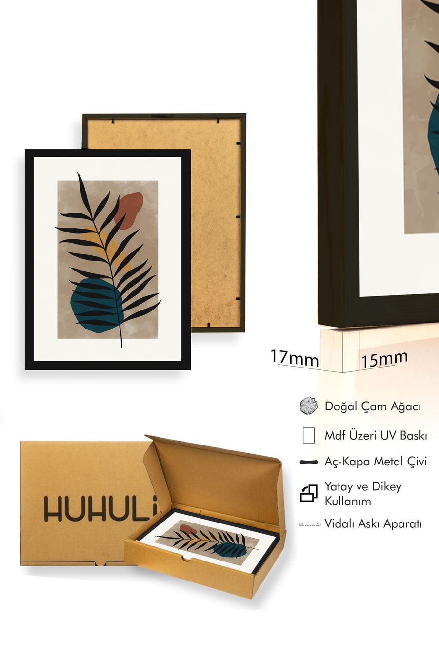 Doğal Ahşap Çerçeveli Minimal Yaprak Desenli Tablo - Canlı Tonlar | huhu1326