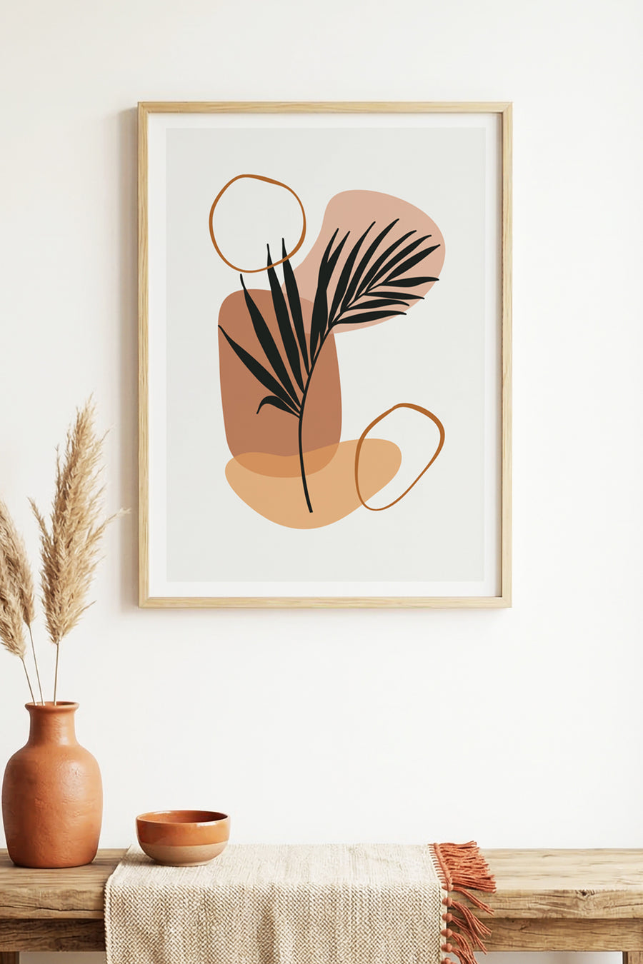 Doğal Ahşap Çerçeveli Minimal Yaprak Desenli Tablo - Pastel Tonlar | huhu1527