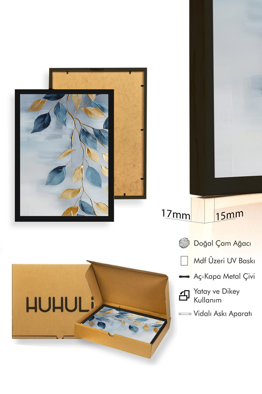 Doğal Ahşap Çerçeveli Yaprak Desenli Tablo - Mavi-Gold | huhu1307