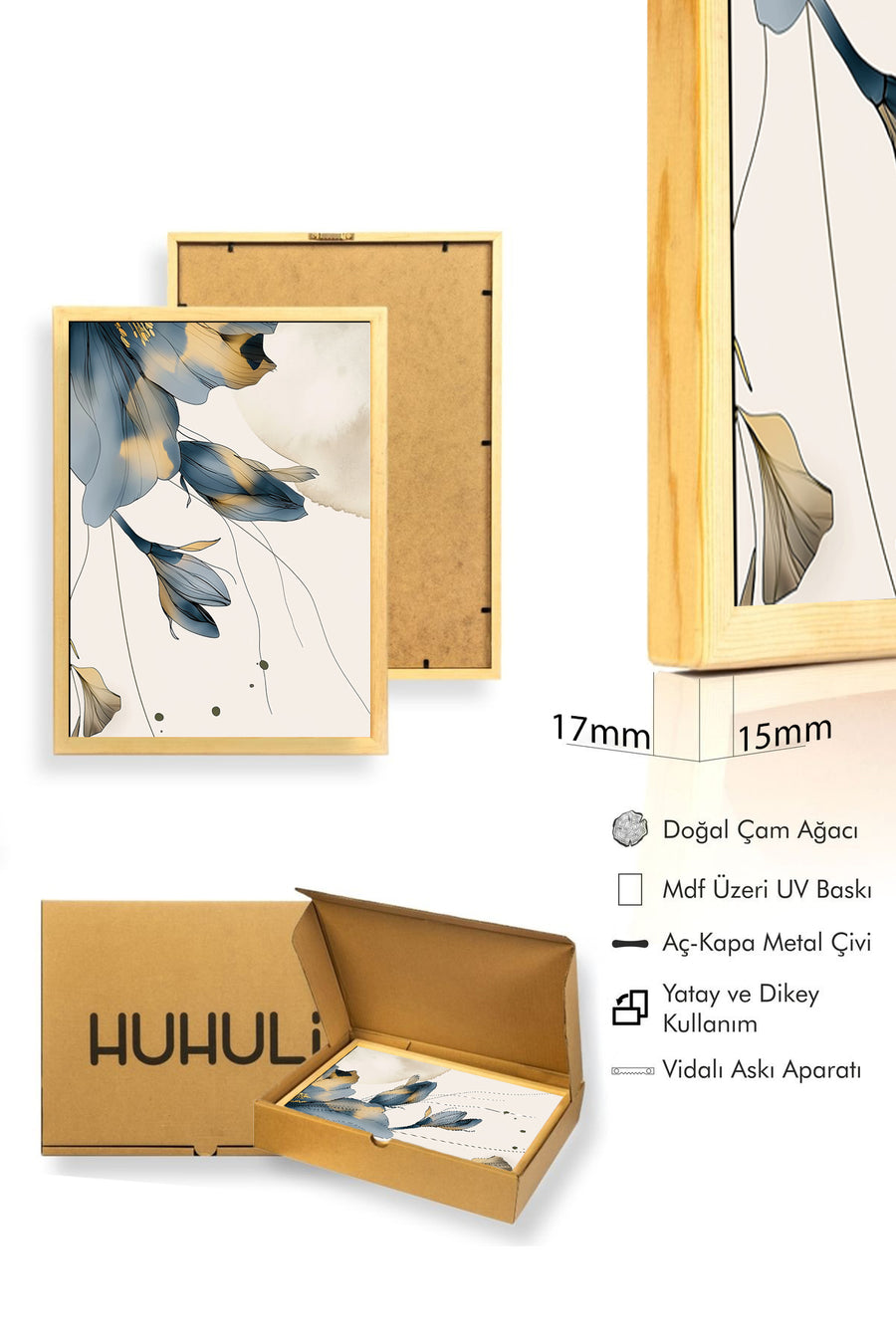 Doğal Ahşap Çerçeveli Çiçek Desenli Tablo - Minimal | huhu1292