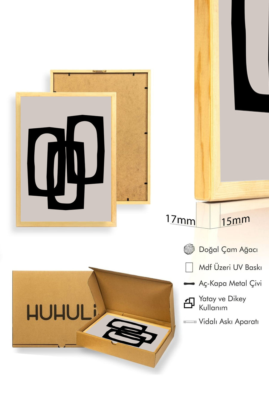 Doğal Ahşap Çerçeveli Minimal Siyah Çerçeve Desenli Tablo - Soyut | huhu1072