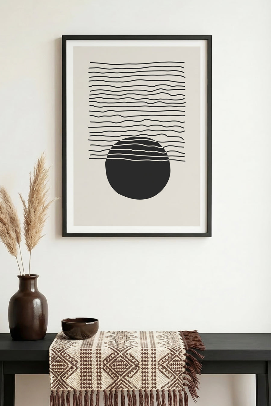 Doğal Ahşap Çerçeveli Minimal Geometrik Desenli Tablo - Siyah-Beyaz | huhu1035