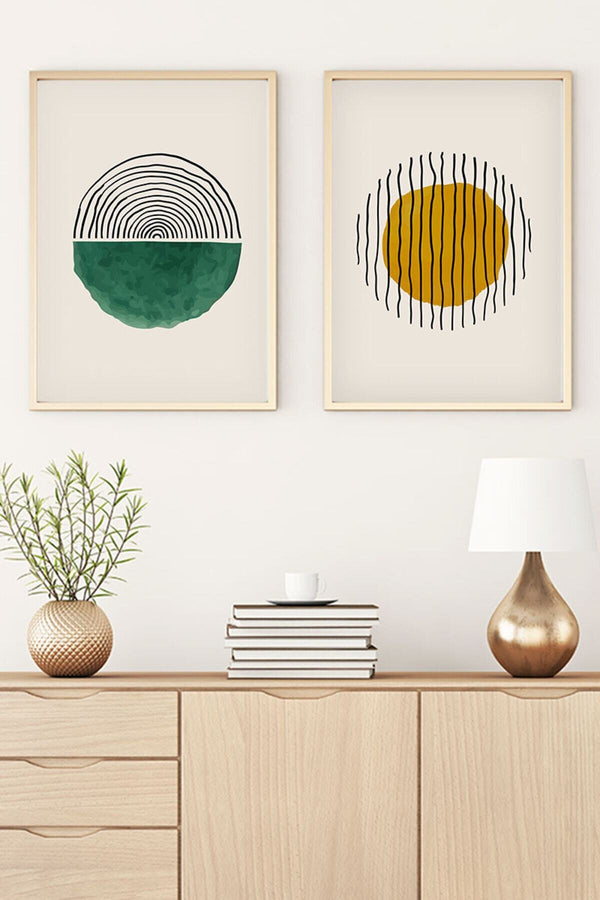 Geometrik Desenli Sarı ve Yeşil Tablo Seti - Modern 2’li Set | huhu30
