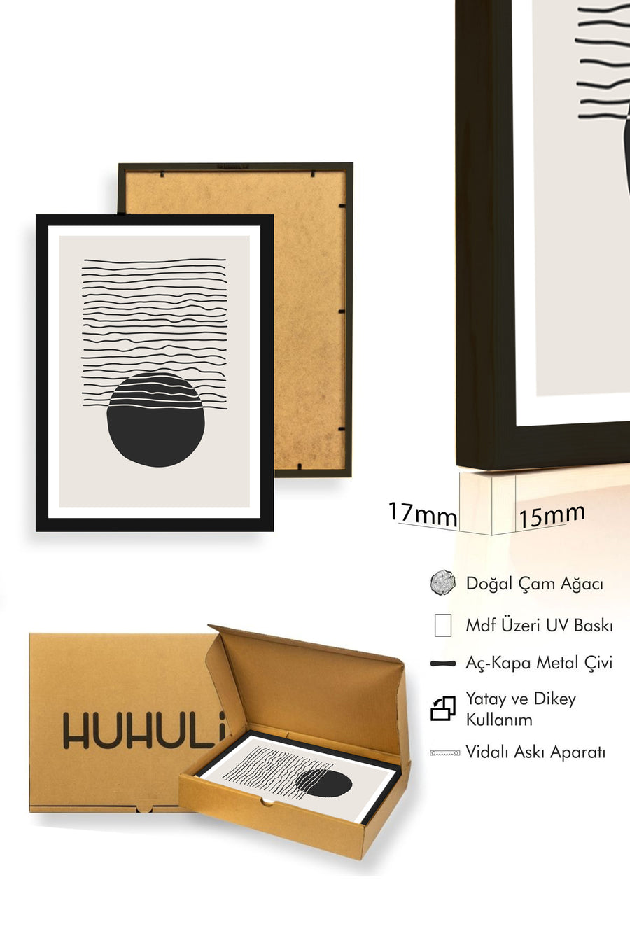 Doğal Ahşap Çerçeveli Minimal Geometrik Desenli Tablo - Siyah-Beyaz | huhu1035
