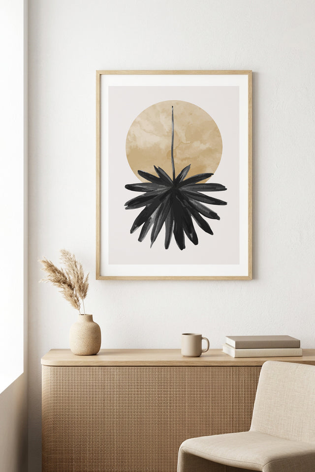Doğal Ahşap Çerçeveli Minimal Yaprak Desenli Tablo - Pastel | huhu1027