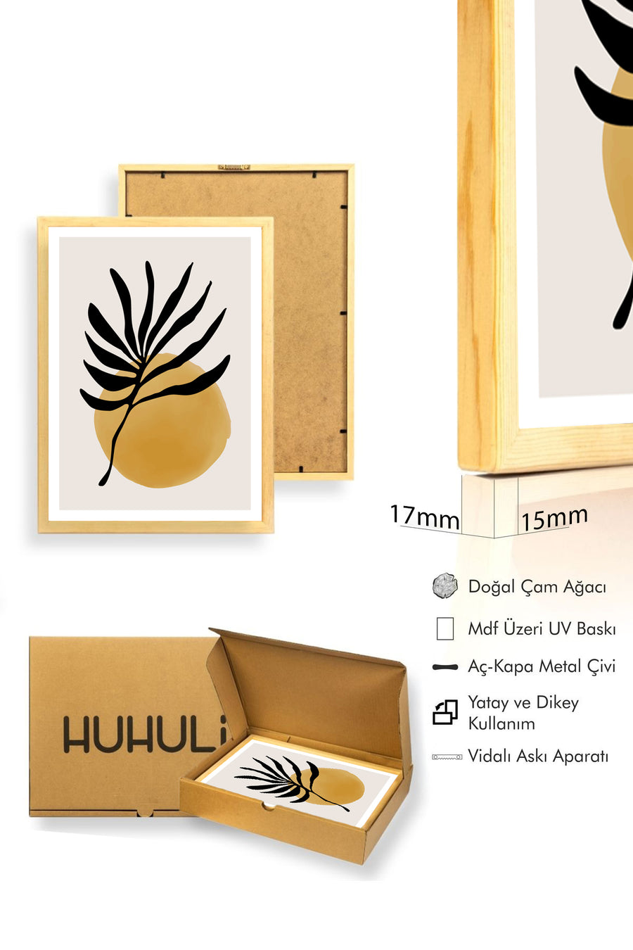 Doğal Ahşap Çerçeveli Minimal Yaprak Desenli Tablo - Pastel Tonlar | huhu1462