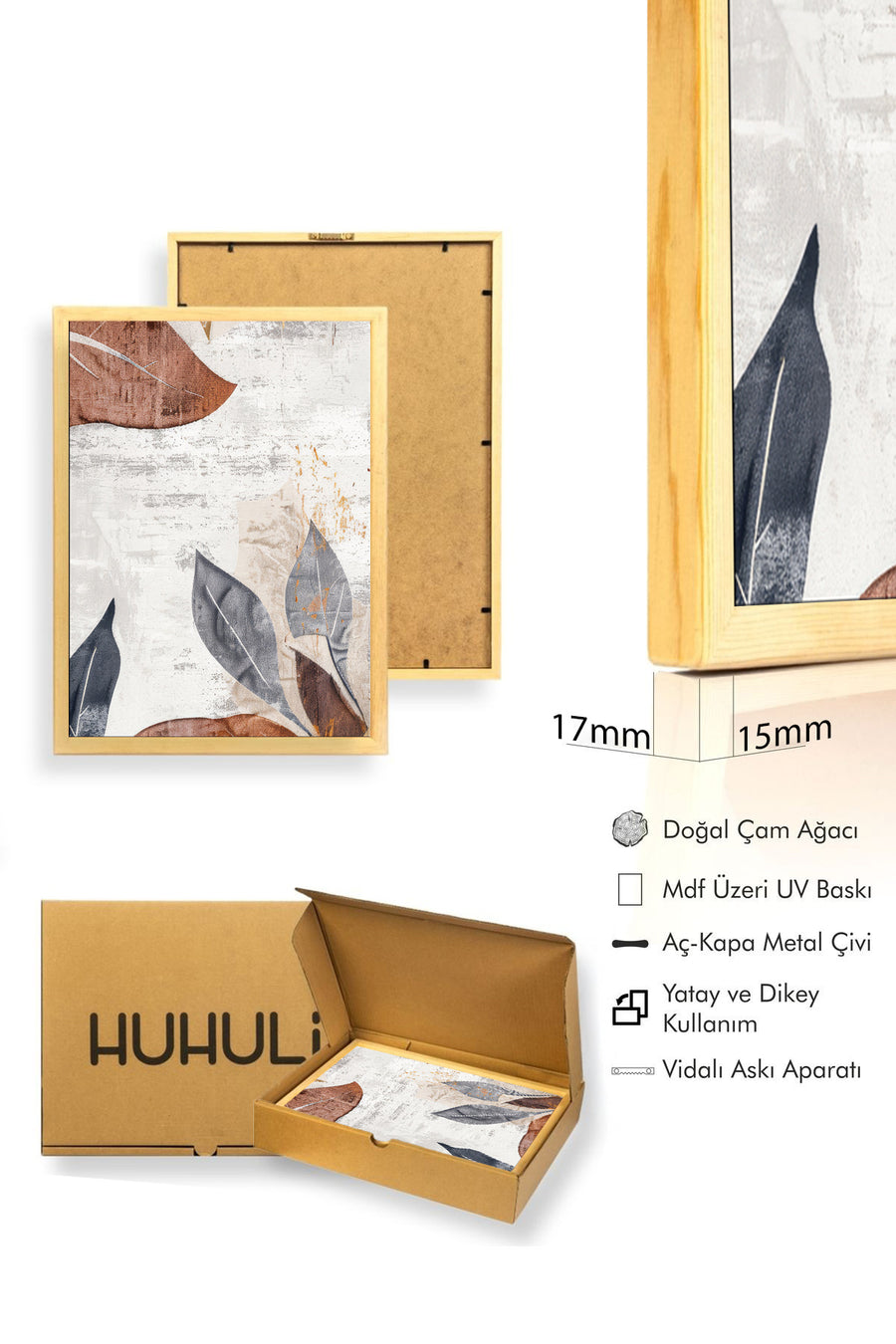 Doğal Ahşap Çerçeveli Yaprak Desenli Tablo - Pastel Tonlar | huhu1283