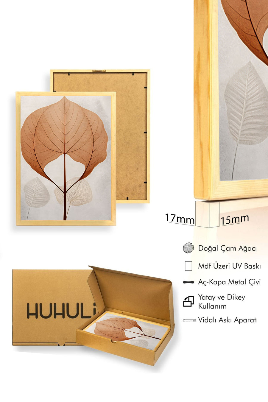 Doğal Ahşap Çerçeveli Yaprak Desenli Tablo - Minimal | huhu1322