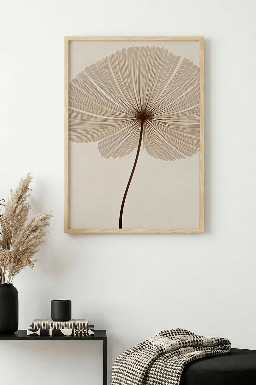 Doğal Ahşap Çerçeveli Minimal Yaprak Desenli Tablo - Pastel | huhu1321