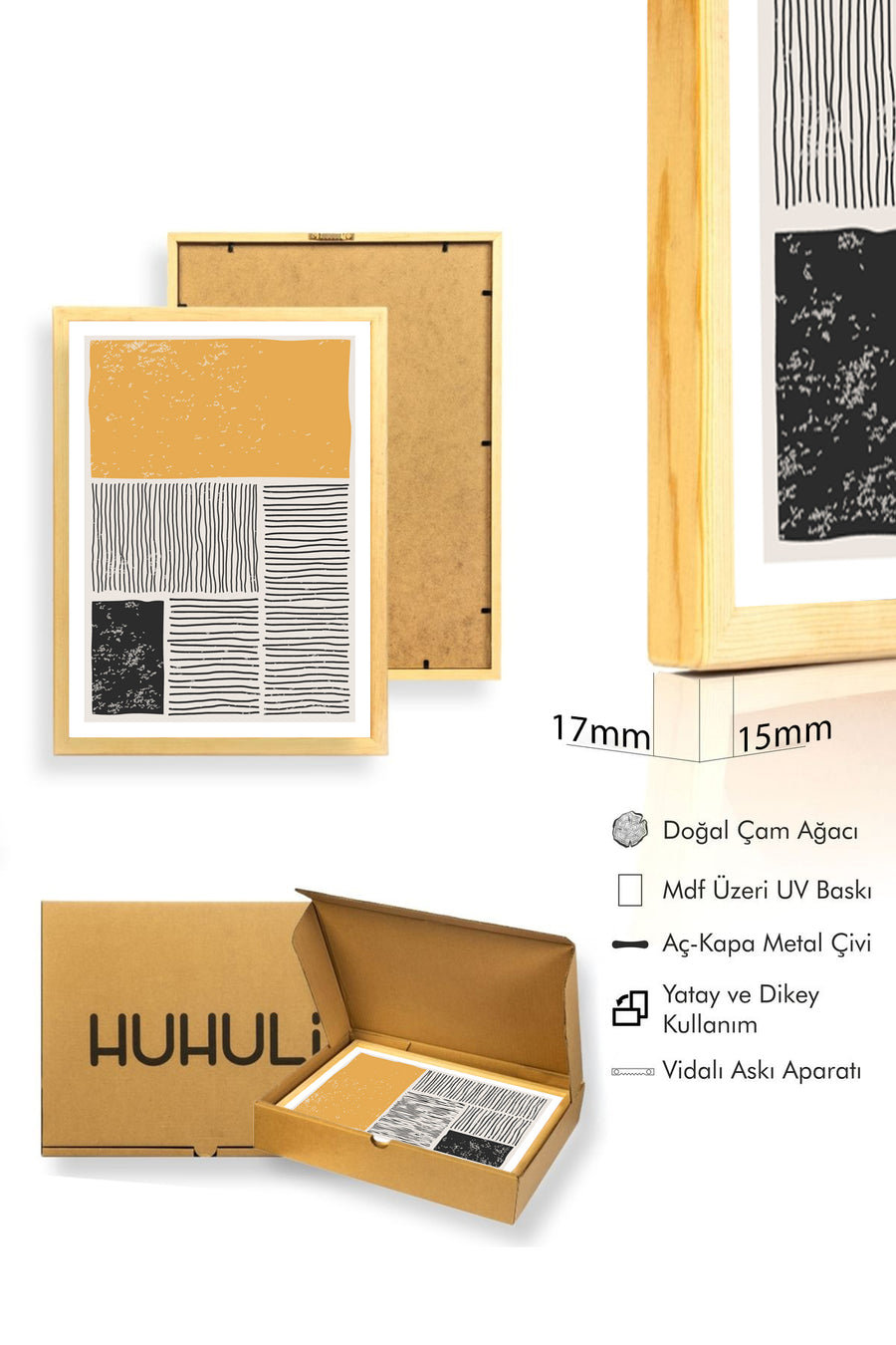 Doğal Ahşap Çerçeveli Minimal Desenli Tablo - Sarı-Siyah | huhu1538