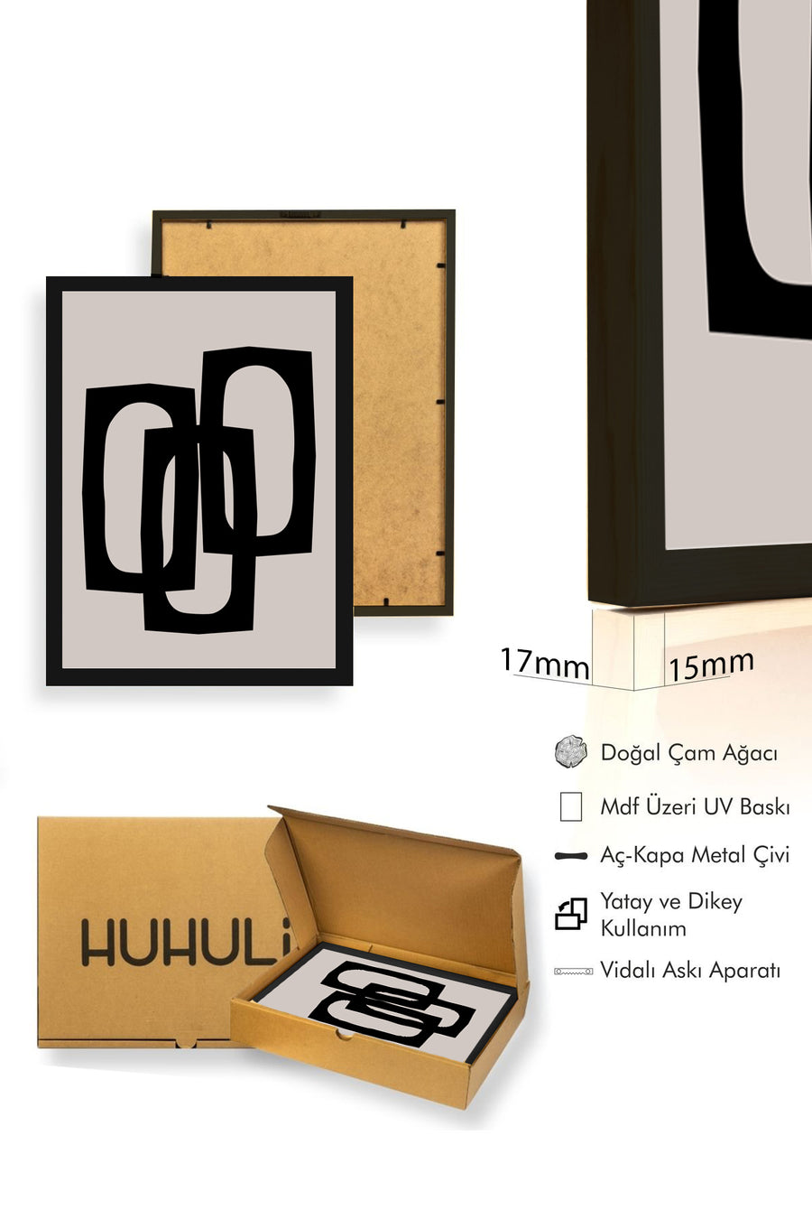 Doğal Ahşap Çerçeveli Minimal Siyah Çerçeve Desenli Tablo - Soyut | huhu1072