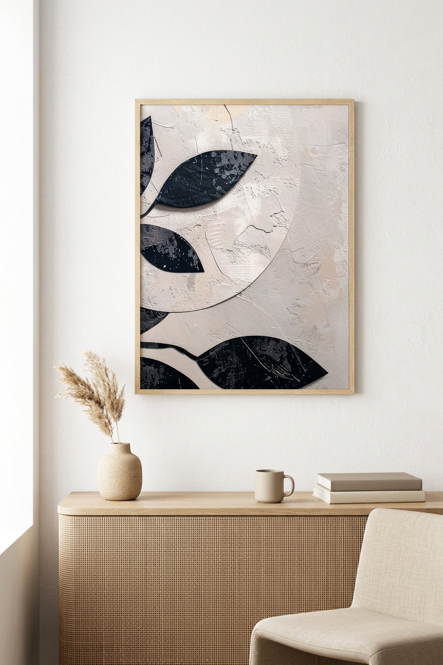 Doğal Ahşap Çerçeveli Minimal Yaprak Desenli Tablo - Pastel | huhu1282