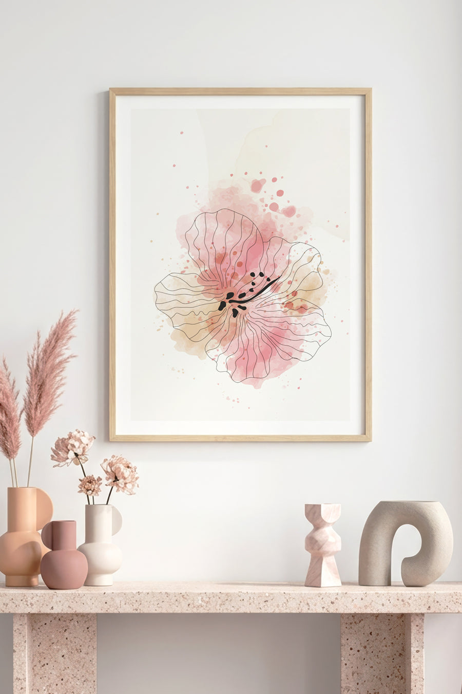 Doğal Ahşap Çerçeveli Çiçek Desenli Tablo - Pastel Tonlar | huhu1013