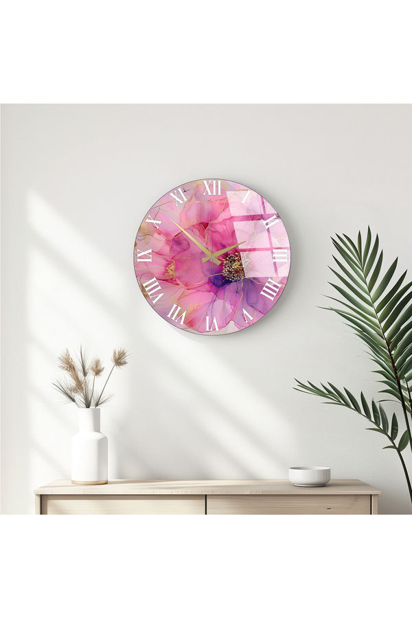 Çiçek Desenli Modern Duvar Saati - Pembe Tonlar | Huhu339