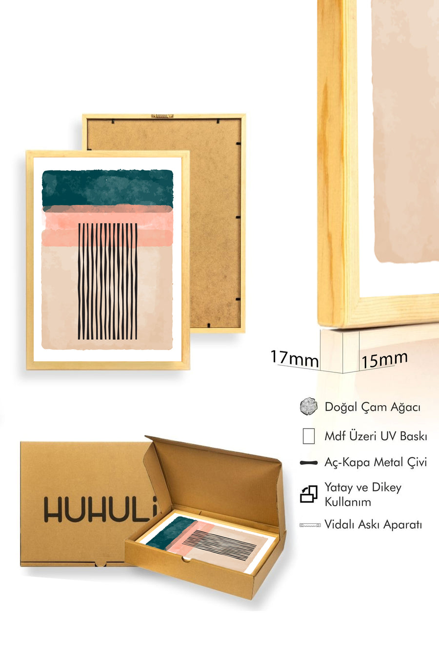 Doğal Ahşap Çerçeveli Minimal Çizgili Tablo - Pastel Tonlar | huhu1372