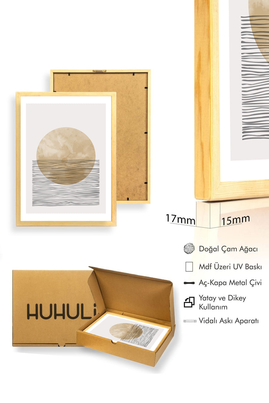 Doğal Ahşap Çerçeveli Soyut Daire Desenli Tablo - Pastel | huhu1029