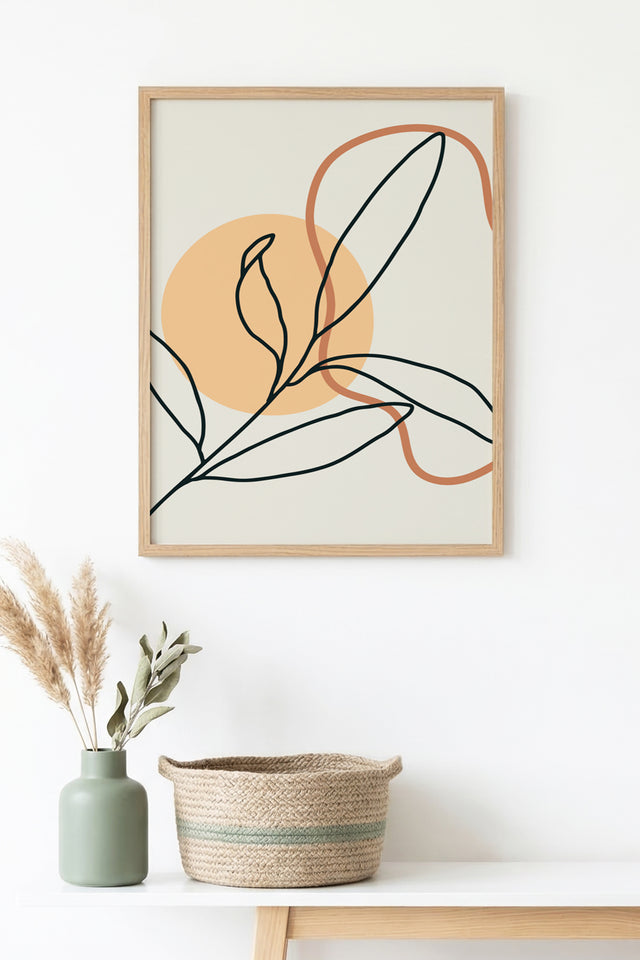 Doğal Ahşap Çerçeveli Minimal Yaprak Desenli Tablo - Pastel Tonlar | huhu1387