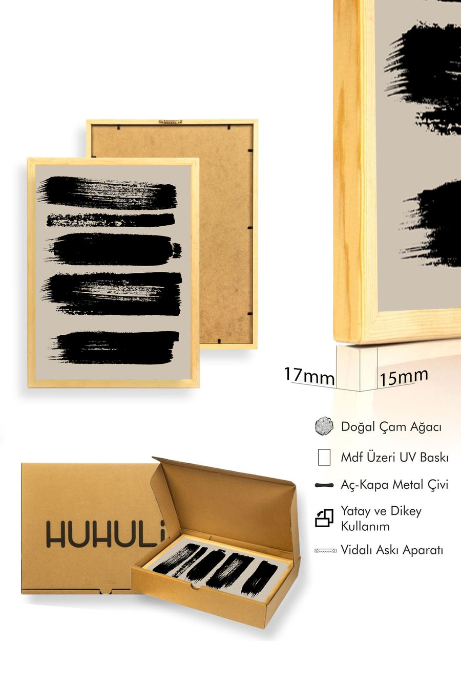 Doğal Ahşap Çerçeveli Soyut Siyah Desenli Tablo - Minimal | huhu1067