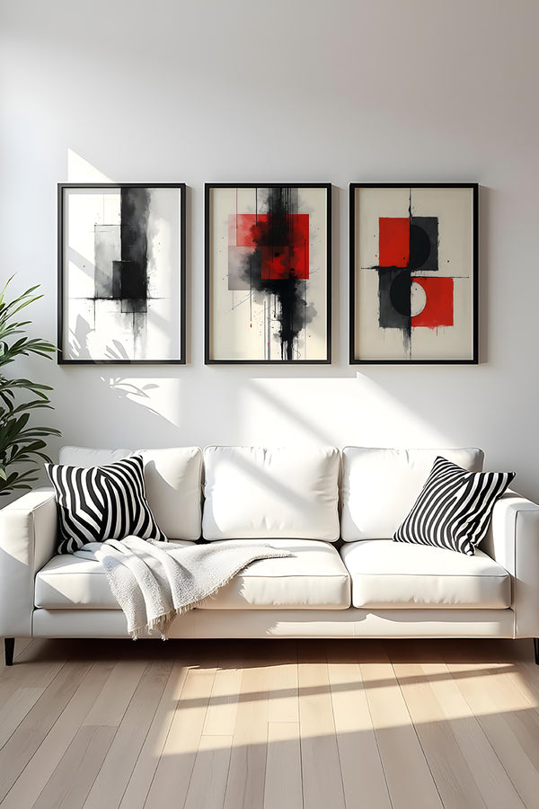 Soyut Desenli Siyah-Kırmızı Tablo Seti - Modern 3’lü Set | huhu440