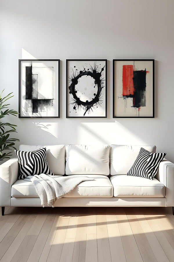 Soyut Desenli Siyah-Beyaz Tablo Seti - Modern 3’lü Set | huhu426
