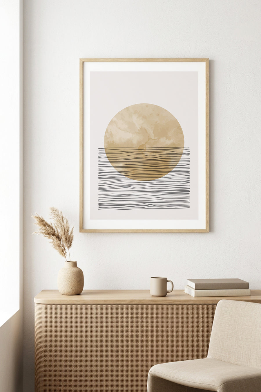 Doğal Ahşap Çerçeveli Soyut Daire Desenli Tablo - Pastel | huhu1029