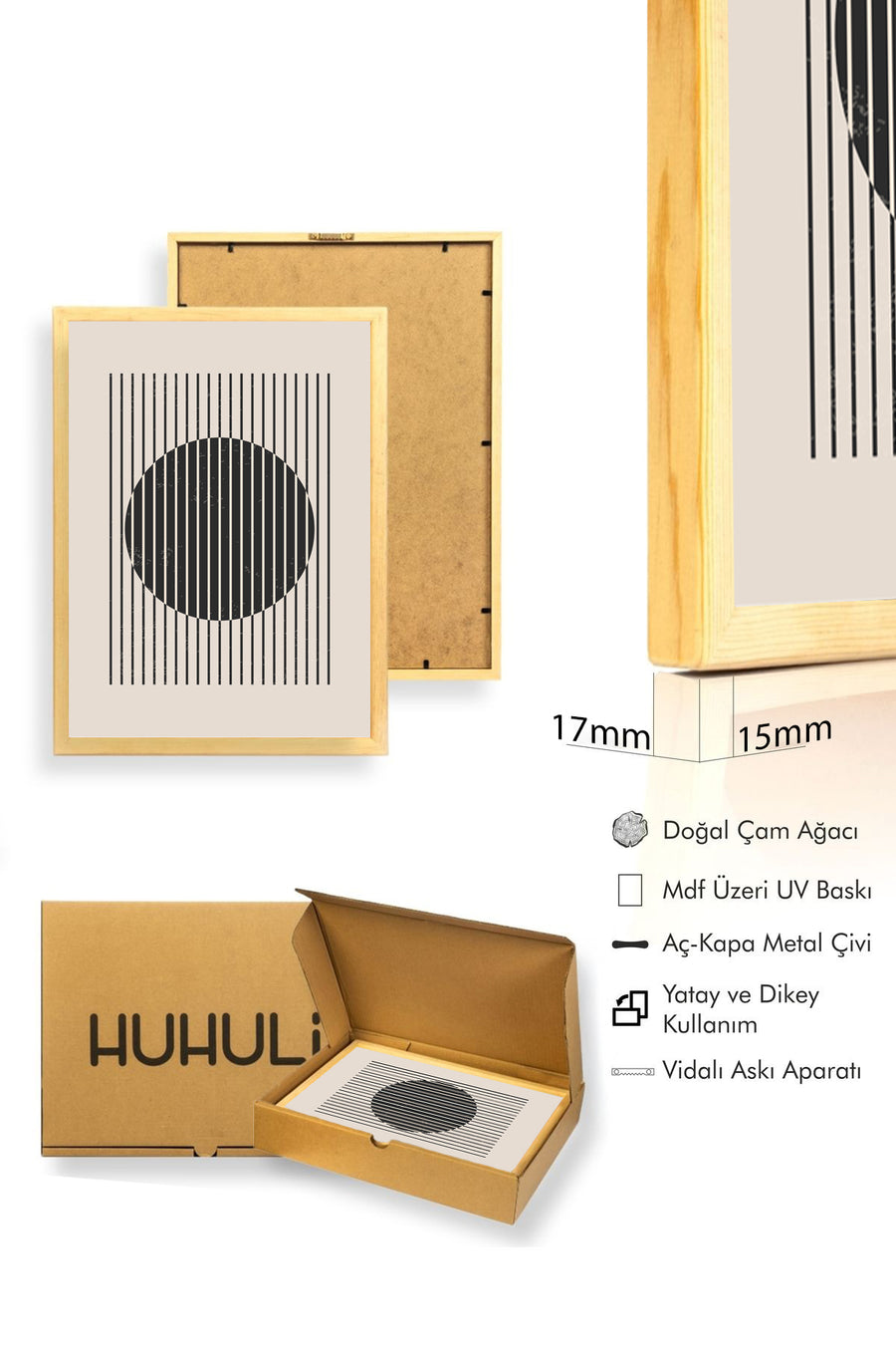 Doğal Ahşap Çerçeveli Minimal Çizgili Tablo - Soyut | huhu1032