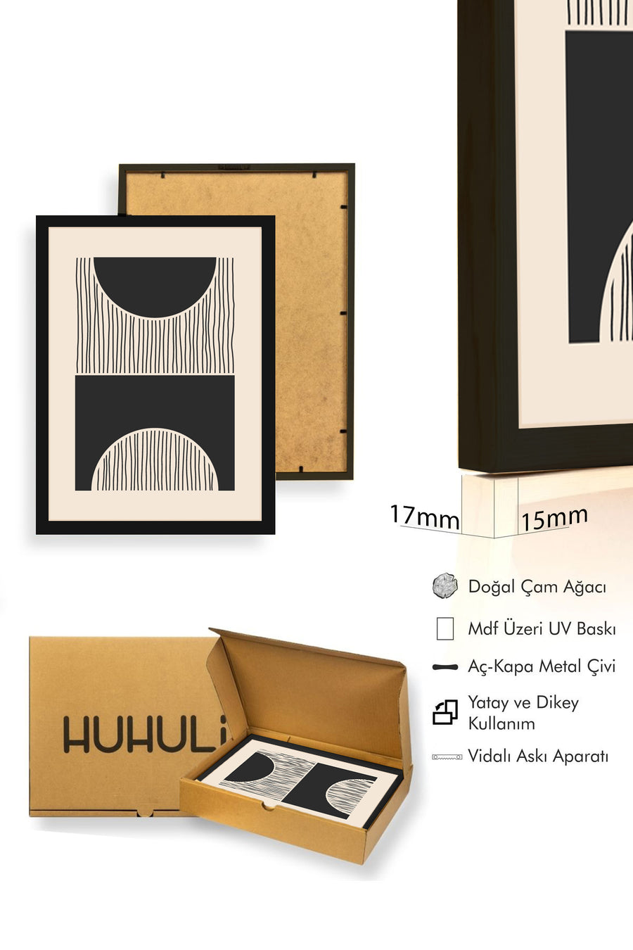 Doğal Ahşap Çerçeveli Minimal Geometrik Desenli Tablo - Siyah-Beyaz | huhu1422