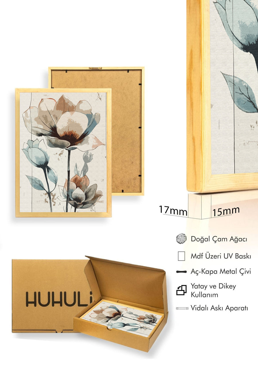 Doğal Ahşap Çerçeveli Çiçek Desenli Tablo - Pastel Tonlar | huhu1313