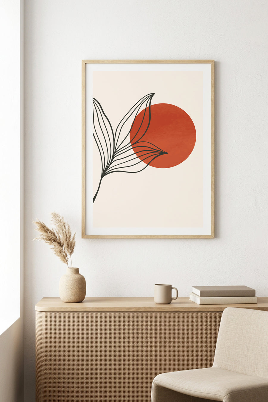 Doğal Ahşap Çerçeveli Minimal Yaprak Desenli Tablo - Canlı Tonlar | huhu1039