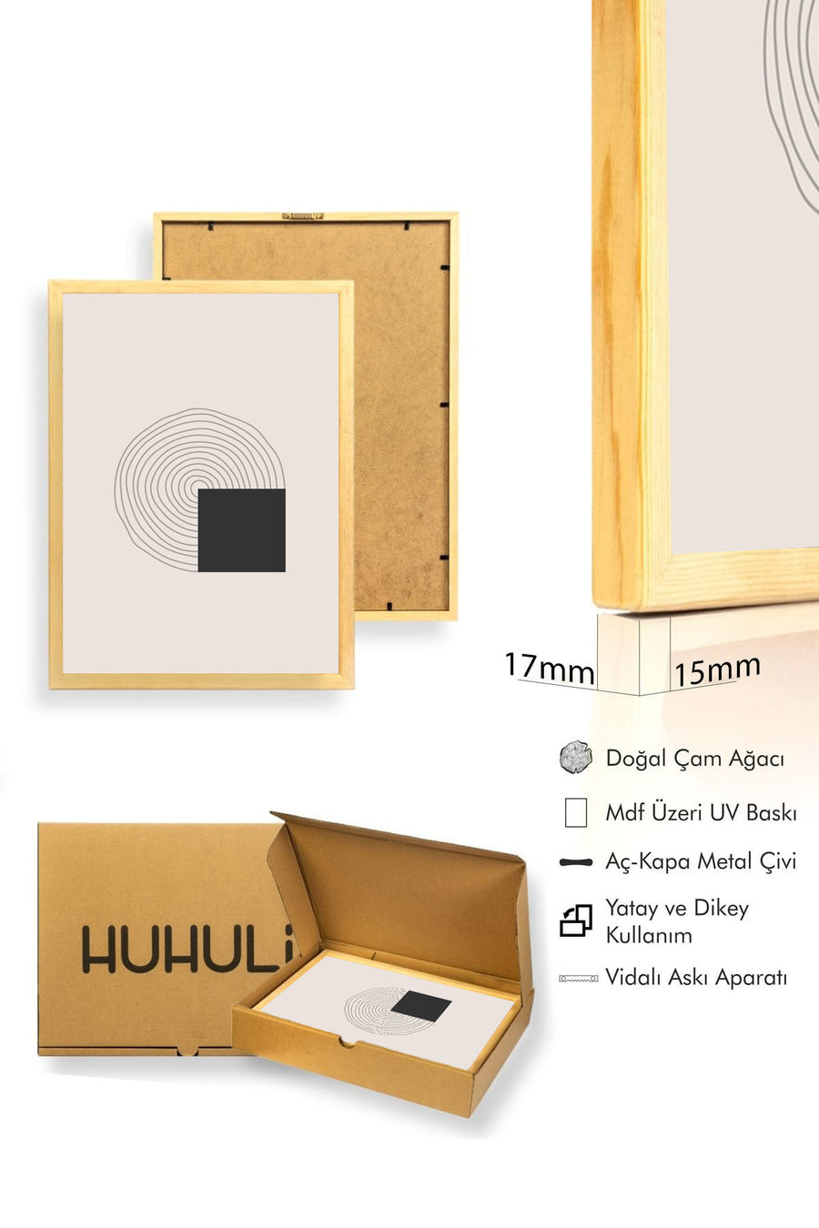 Doğal Ahşap Çerçeveli Minimal Desenli Tablo - Soyut | huhu1436