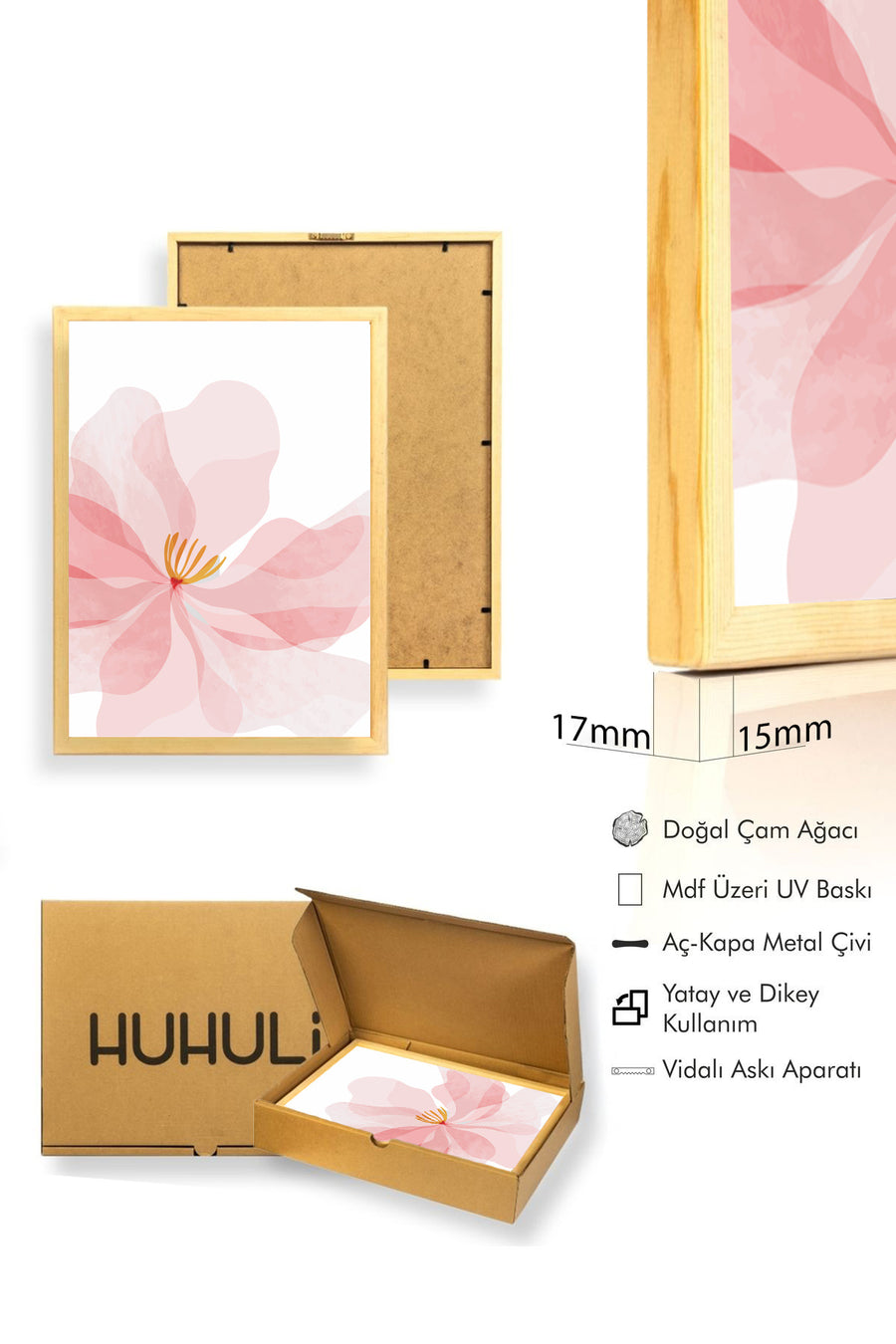 Doğal Ahşap Çerçeveli Çiçek Desenli Tablo - Pastel Tonlar | huhu1635