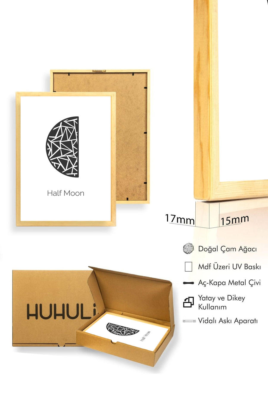 Doğal Ahşap Çerçeveli Geometrik Yarım Ay Desenli Tablo - Siyah-Beyaz | huhu1046