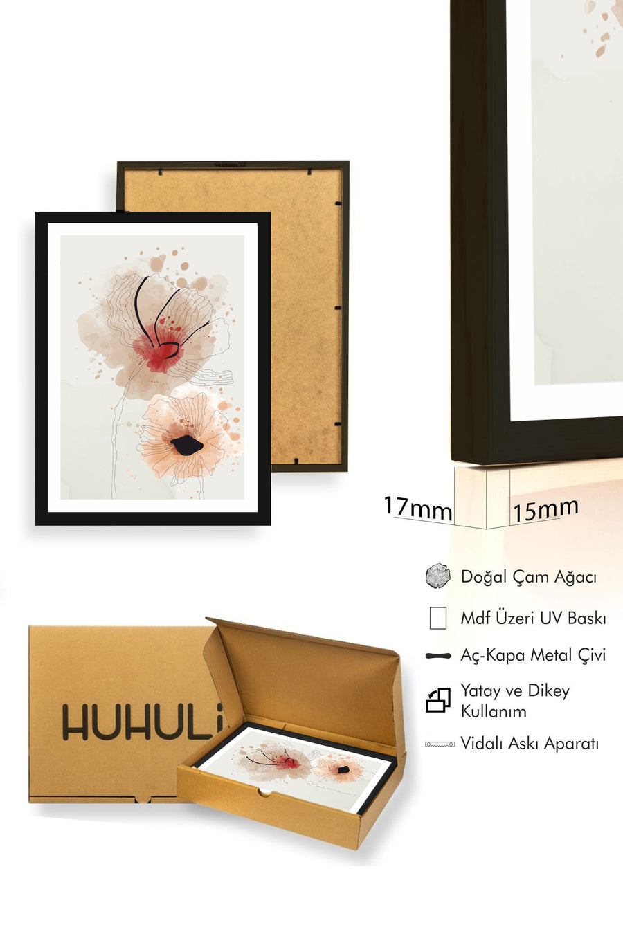 Doğal Ahşap Çerçeveli Çiçek Desenli Tablo - Pastel Tonlar | huhu1012