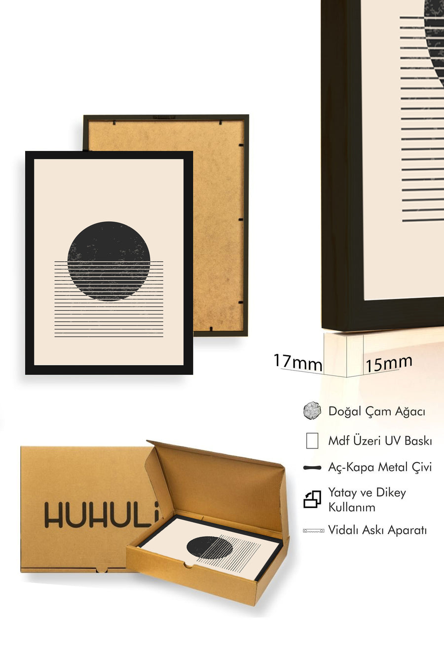 Doğal Ahşap Çerçeveli Geometrik Desenli Tablo - Minimal | huhu1427