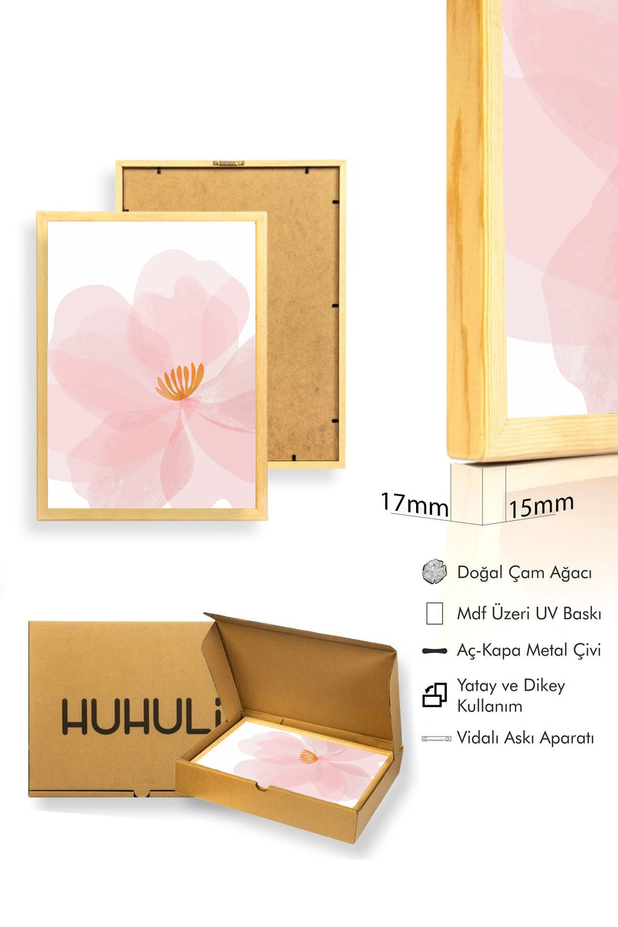 Doğal Ahşap Çerçeveli Çiçek Desenli Tablo - Pastel Tonlar | huhu1633
