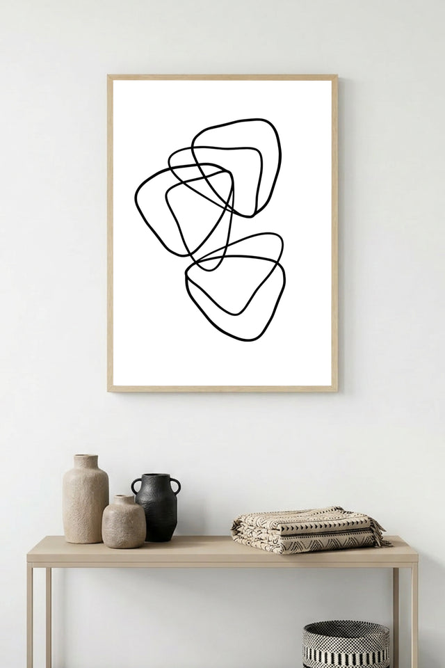 Doğal Ahşap Çerçeveli Minimal Line Art Tablo - Siyah Beyaz | huhu1080