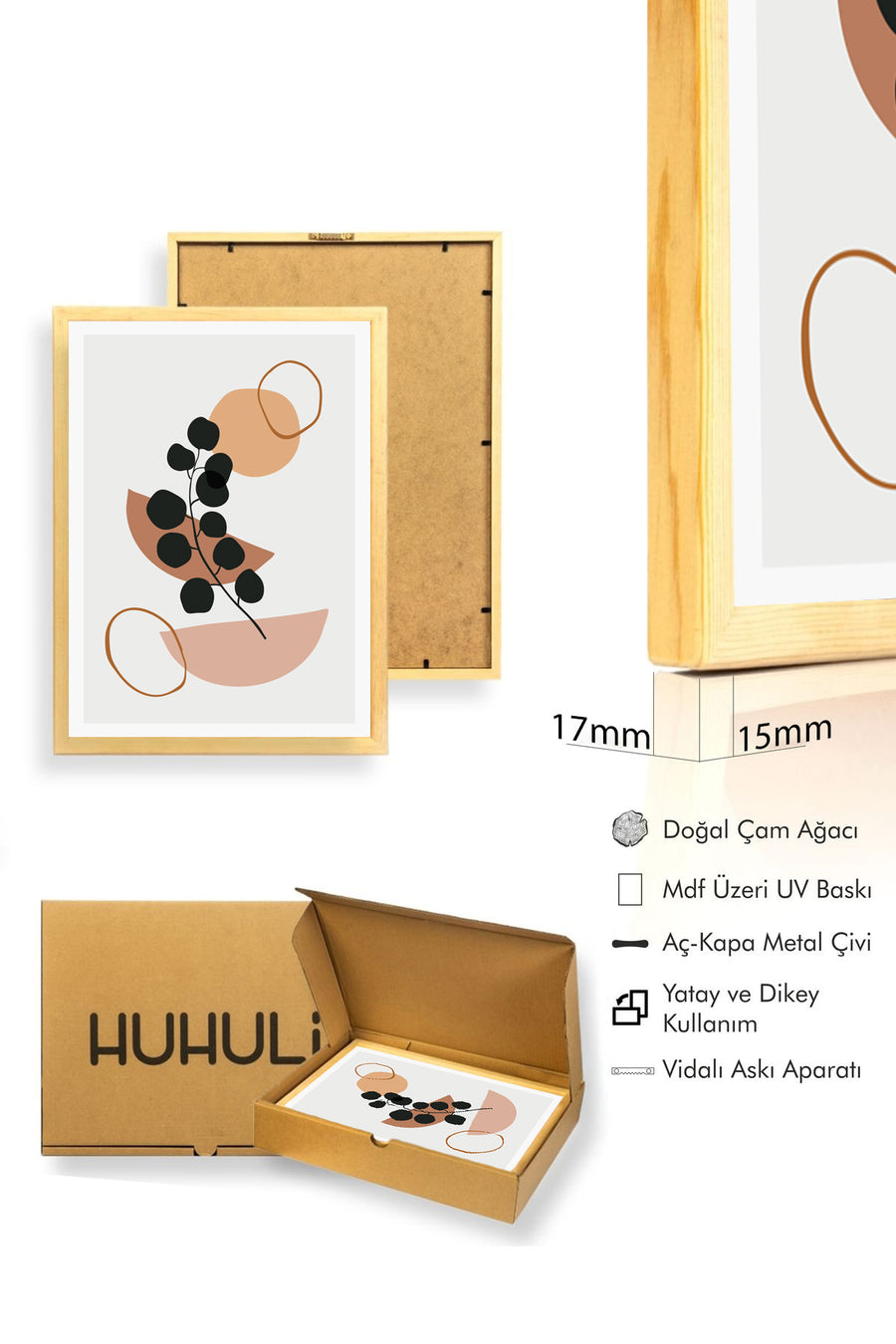 Doğal Ahşap Çerçeveli Minimal Yaprak Desenli Tablo - Pastel Tonlar | huhu1524