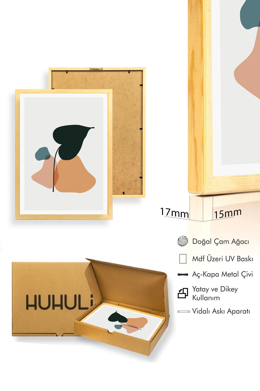 Doğal Ahşap Çerçeveli Minimal Yaprak Desenli Tablo - Pastel Tonlar | huhu1518