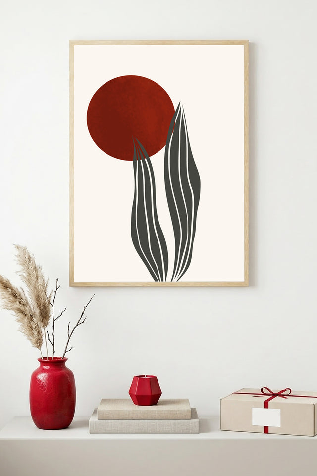 Doğal Ahşap Çerçeveli Soyut Yaprak Desenli Tablo - Pastel | huhu1432