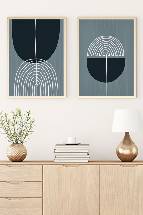 Geometrik Desenli Mavi Tablo Seti - Modern 2’li Set | huhu112